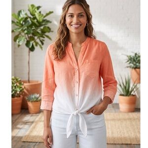 INC 100% Linen Ombré Crystal Button Tie Front Crop Sleeve Blouse Size 12